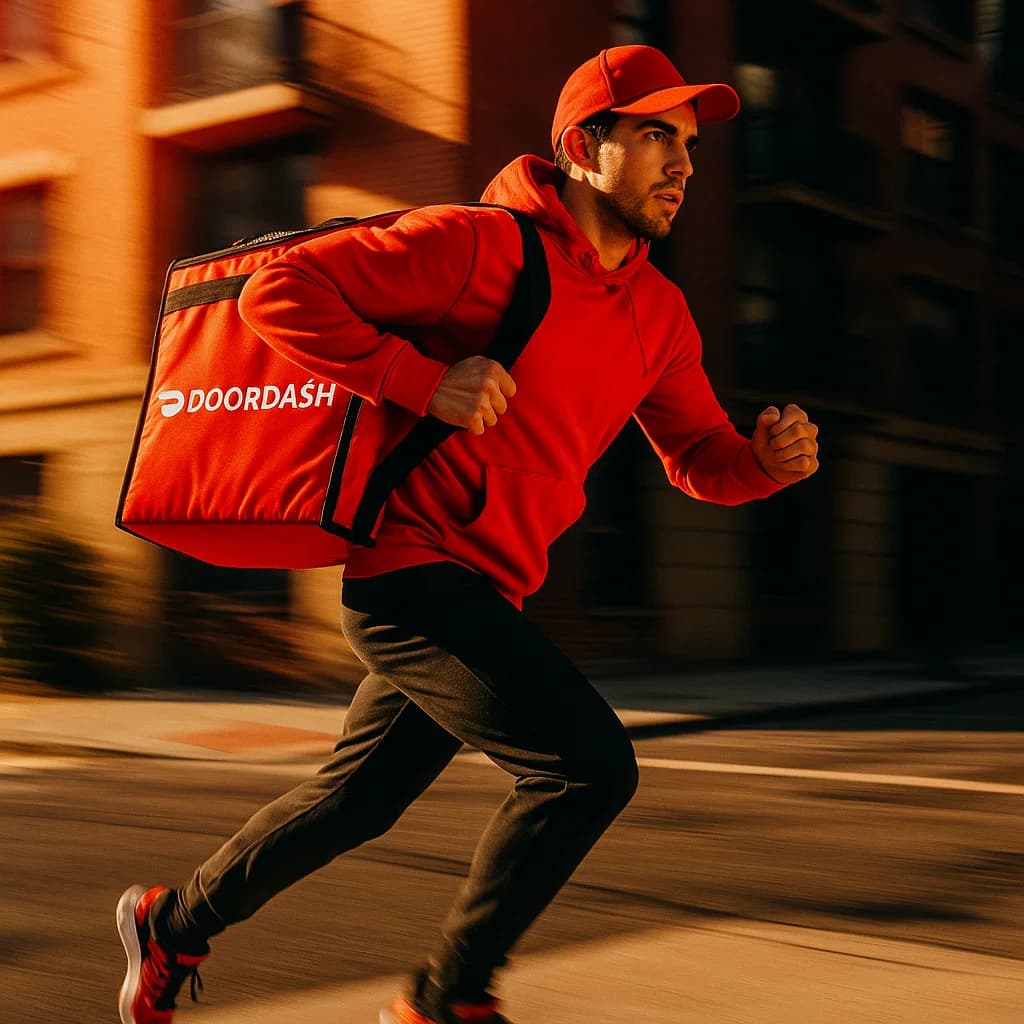 DoorDash courier in motion with a branded delivery bag