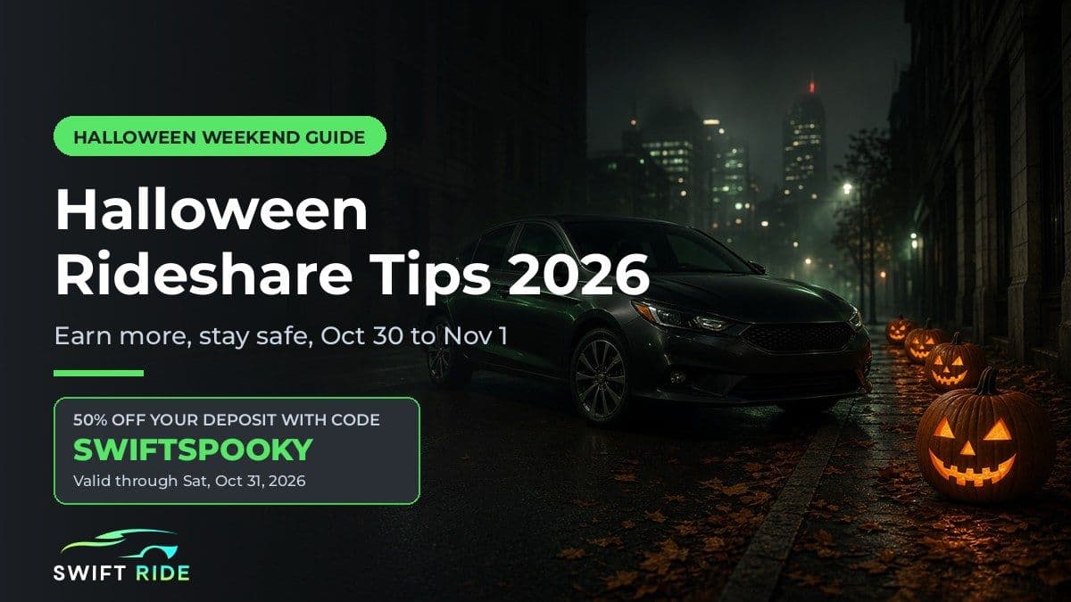 Halloween rideshare tips 2026 hero: a dark sedan on a night city street lined with glowing jack-o-lanterns, with Swift Ride code SWIFTSPOOKY for 50% off the deposit, valid through October 31, 2026