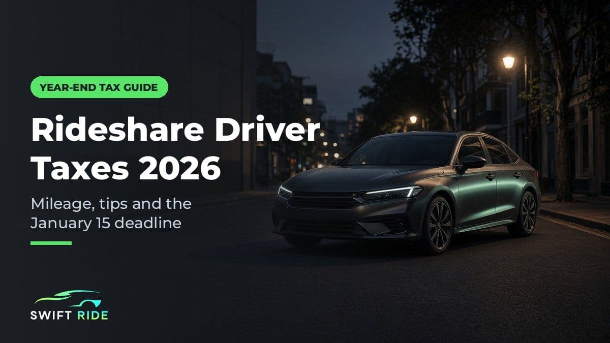 Rideshare driver taxes 2026 guide: a dark sedan parked on a quiet city street at dusk, with the Swift Ride logo
